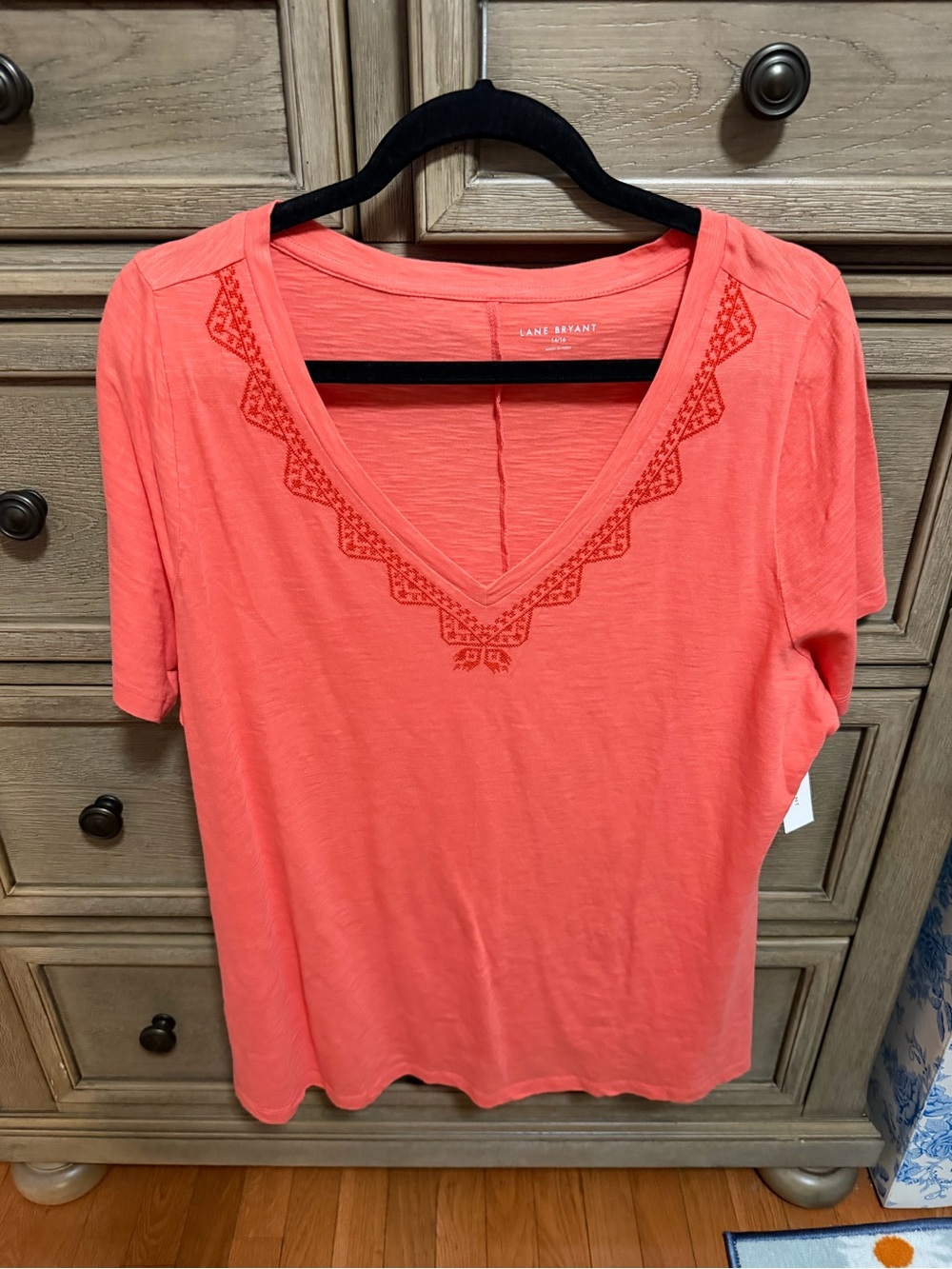 Lane Bryant Coral V-Neck Embroidered Tee